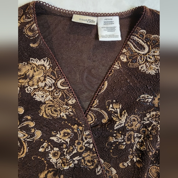 Paisley And Floral Embroidered 3/4 Sleeve Cross Bodice Top, Brown And Gold, MP - Picture 2 of 6